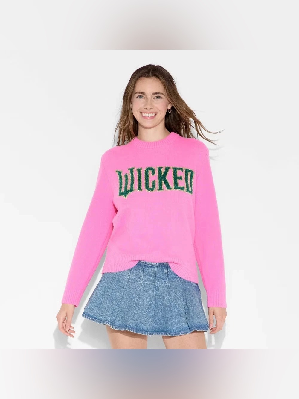 Pink Crewneck Sweater with Green 'WICKED' Graphic